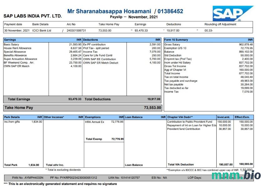 SAP Labs Payslip